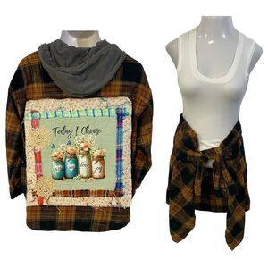 Christian Religious Flannel Shirt Womens L Shacket Upcycled Art Cottage Brown